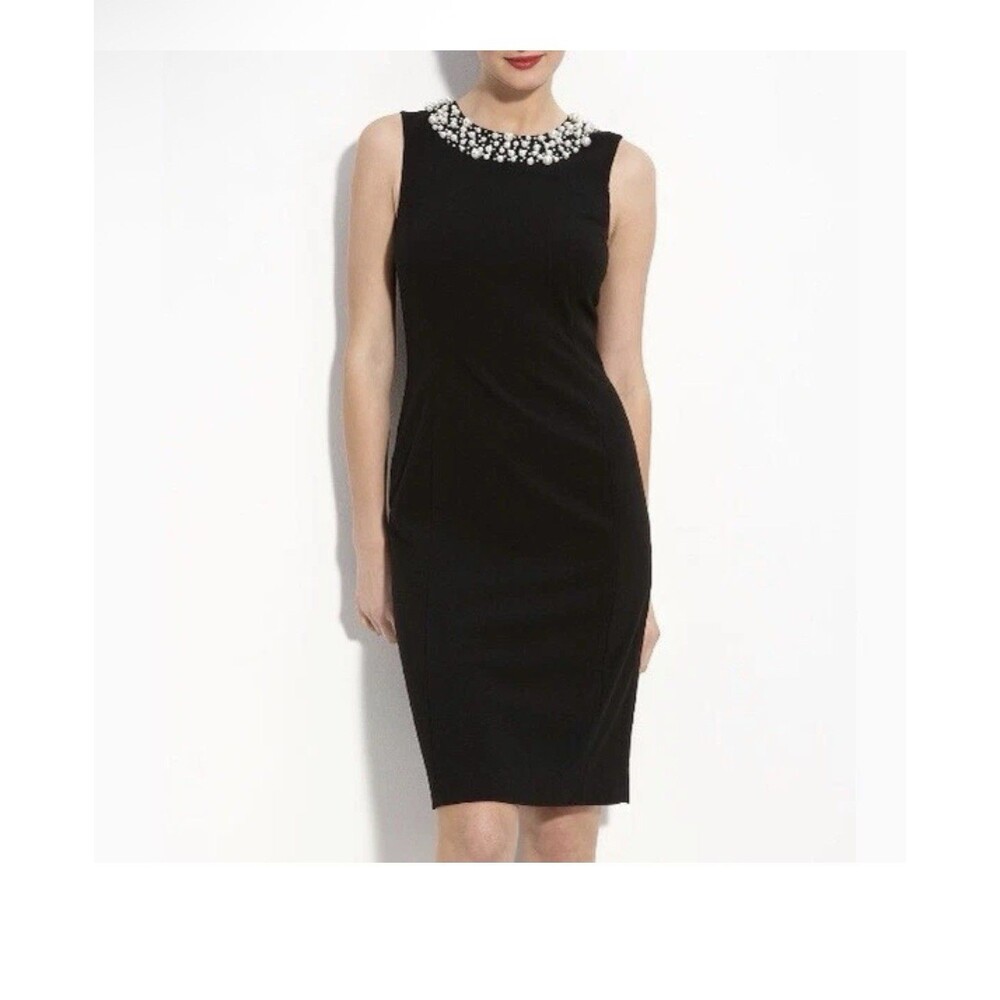 Calvin Klein SZ 12 Black Faux Pearl Old Money Neckline Sheath Dress Formal Class